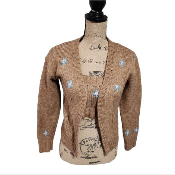 Joie 2 pc Tan and Pink Floral Crocheted Track and Sweater Size Small - Picture 2 of 8